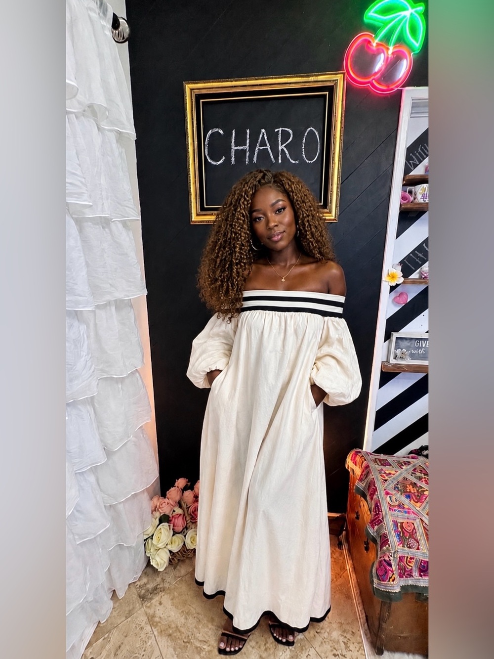 STYLEWE Cream Of-The-Shoulder Puff Sleeve Dress with Black Trim
